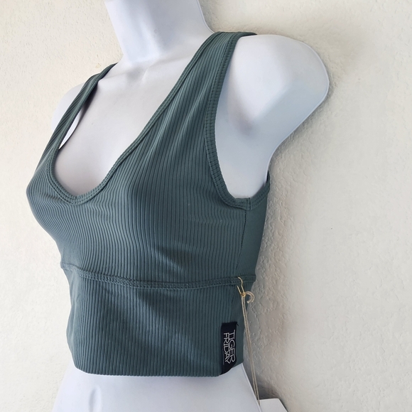 Tiger Friday Ribbed Crop Sports Bra Tank Top Medium Green Dance Activewear USA - Picture 4 of 9